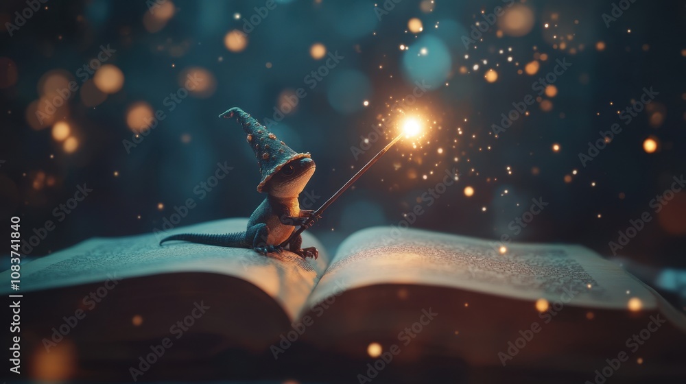 Poster enchanted lizard casting magic with wand over open book surrounded by sparkling lights in mystical f