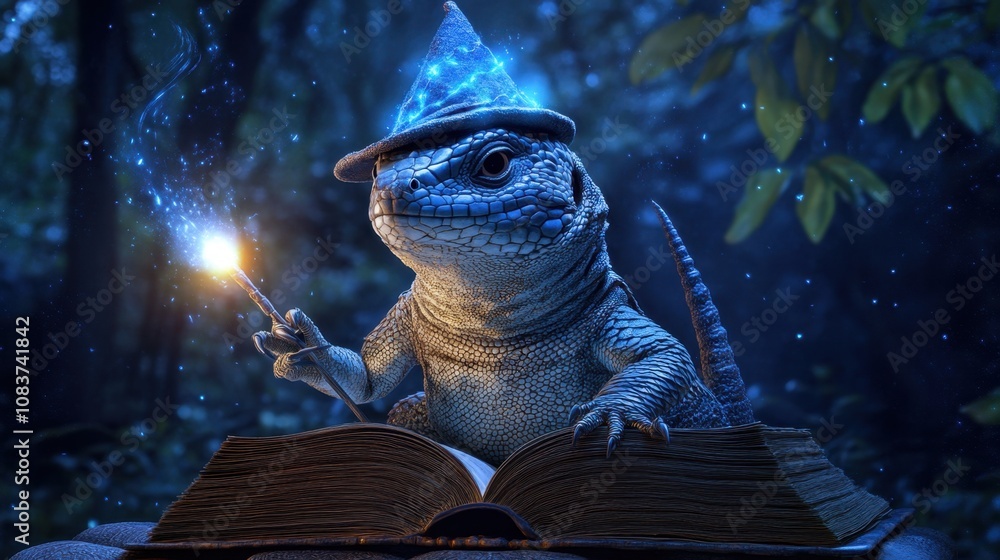 Poster a magical lizard in a wizard hat casting spells from an open book in a fantasy forest setting with m
