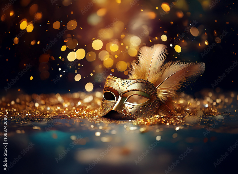 Aufkleber a golden masquerade mask with feathers lies on a bed of sparkling confetti against a bokeh backgroun