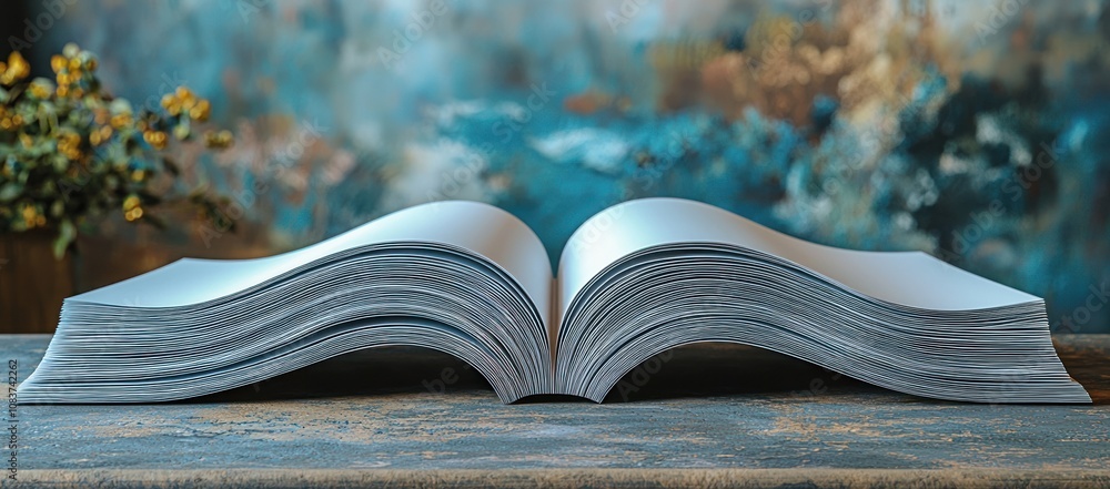 Aufkleber open book with many pages on a wooden surface