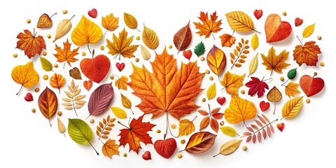 Autumn Leaves Heart Shape Composition, White Background, Fall Foliage, Nature, Love, Season , Autumn Leaves