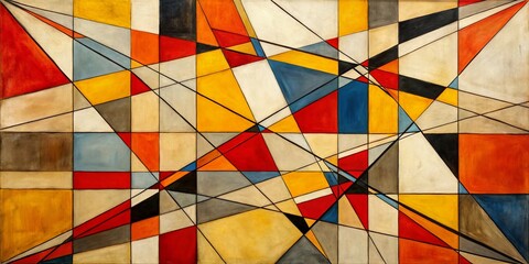 Fototapeta premium Abstract Geometric Canvas Painting in Red, Yellow, Blue and Grey, abstract art, modern art