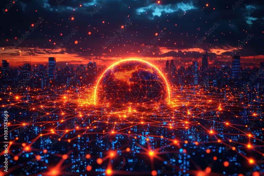 Poster futuristic cityscape with glowing network globe