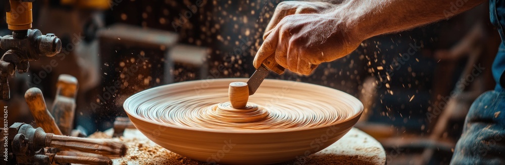 Poster a close-up of a hand shaping clay on a pottery wheel, creating a smooth ceramic piece.