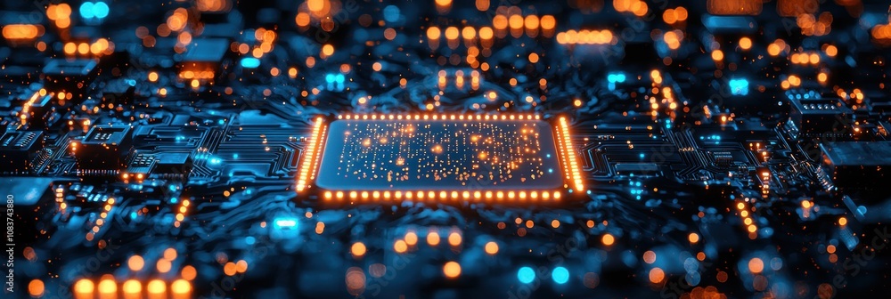 Poster illuminated microchip on circuit board with orange and blue lights