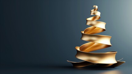 An artistic representation of a Christmas tree made from golden ribbon on a dark blue background.