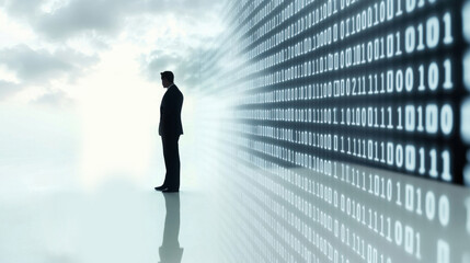 Fototapeta premium Silhouette illustration of a global business team working together and binary code