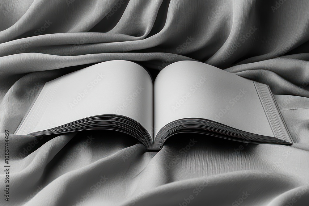 Poster open book resting on grey fabric