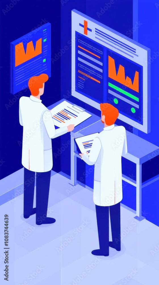 Poster analyzing data trends laboratory digital illustration professional environment aerial view data scie