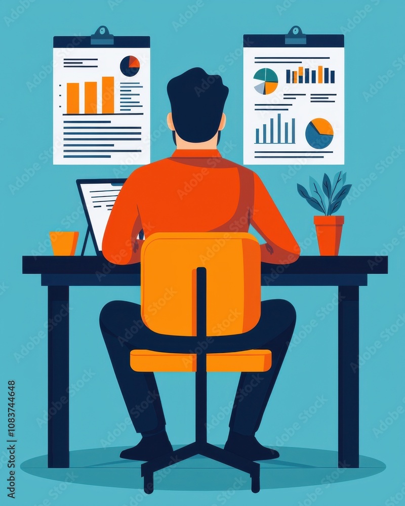 Poster analyzing business data office workspace digital illustration modern environment back view data visu