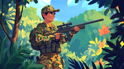 Fototapeta premium Male Soldier in Camouflage Uniform Holding Sniper Rifle in Lush Jungle Environment Surrounded by Greenery and Vibrant Tropical Flora