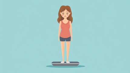 Obraz premium Sad Cartoon Woman on Scale Representing Body Image Issues and Weight Concerns in a Simple Minimalistic Style with Soft Colors