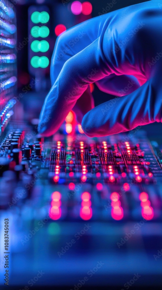 Poster tech action close-up on circuit board interaction dark environment futuristic concept