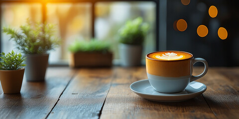 A warm cup of coffee on a cozy wooden table. Perfect for creating a relaxing atmosphere in your home or office.