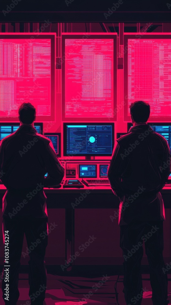 Poster cybersecurity analysis event high-tech facility digital display dark environment back view data moni