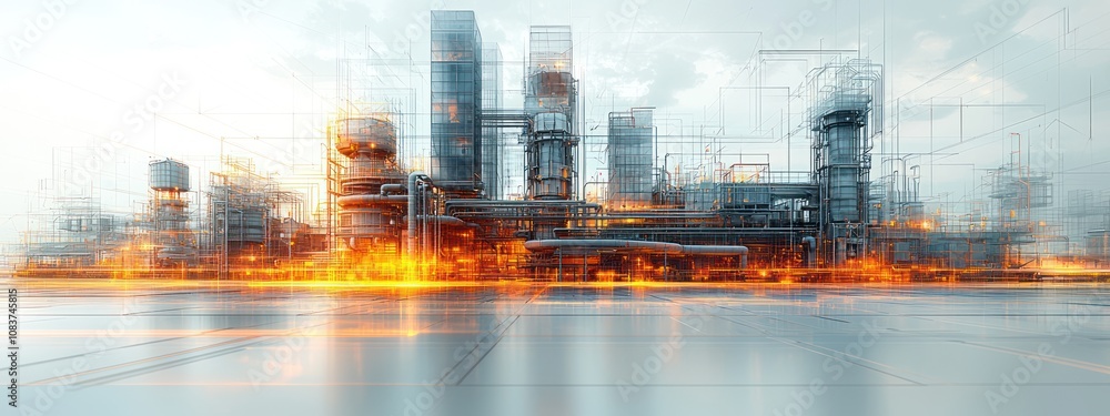 Poster futuristic industrial complex with glowing lights and wireframe structures