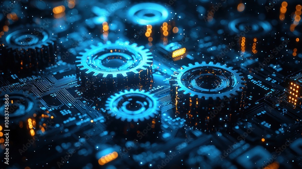 Poster metallic gears on a futuristic circuit board
