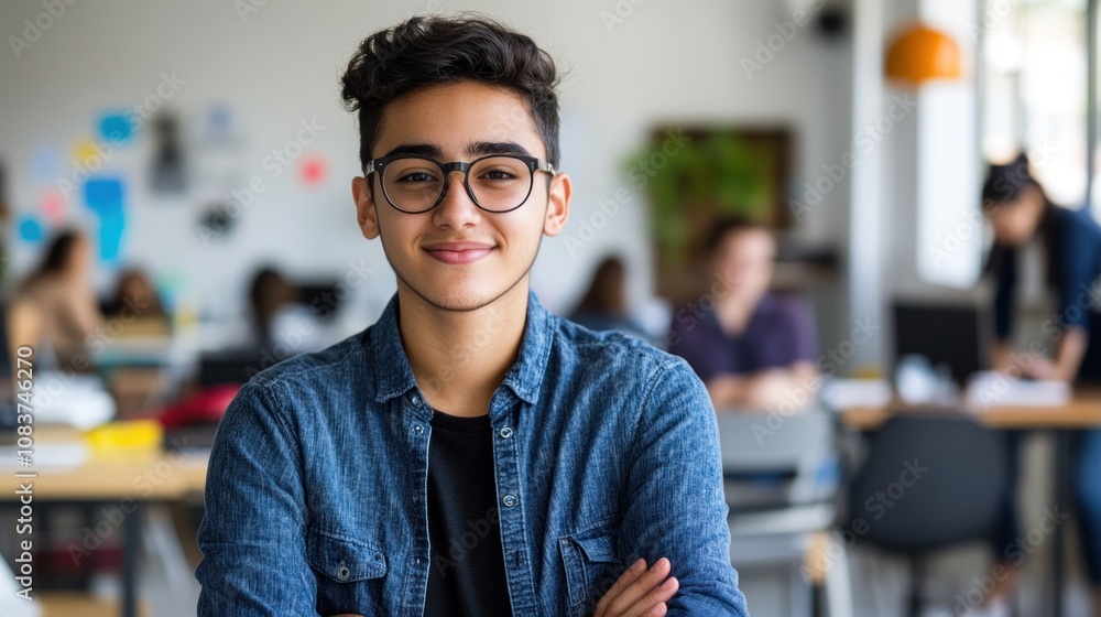 Poster a smiling young man in a casual setting, surrounded by peers in a collaborative environment.