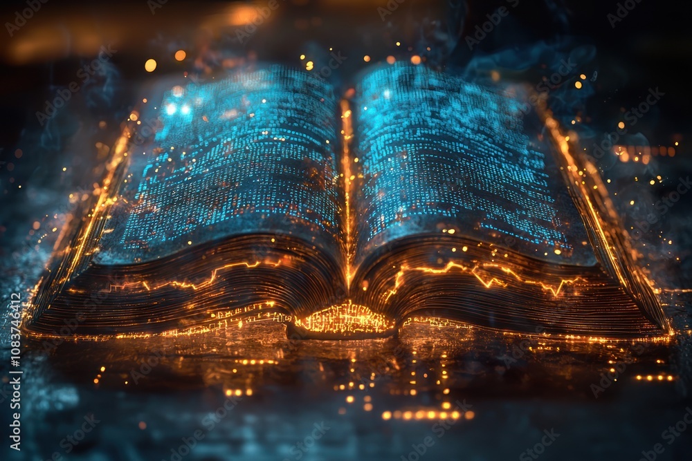 Poster Glowing Open Book with Digital Text and Sparks
