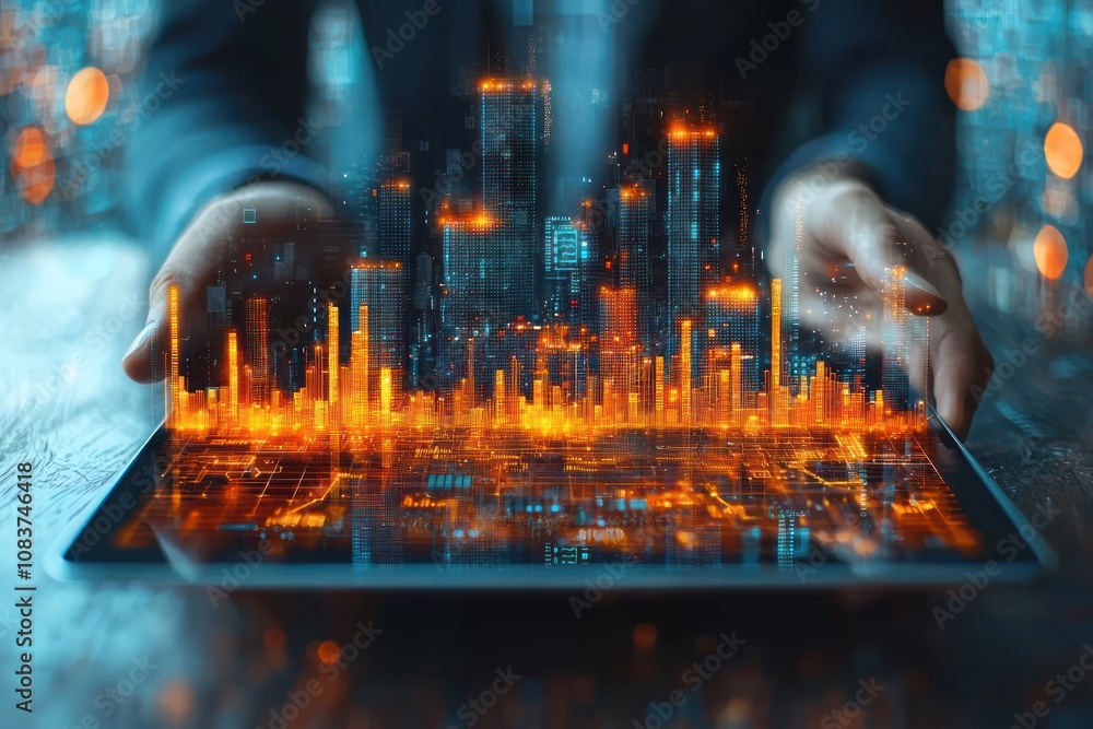 Aufkleber digital cityscape projected on a tablet screen held by hands