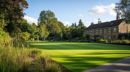 Obraz premium Senior-friendly bowling green on a sunny day, featuring a relaxed, inclusive setting for social lawn games and friendly competitions