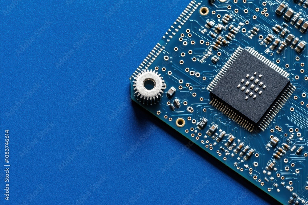 Poster a close-up view reveals gears and a microprocessor integrated into a blue circuit board in an electr