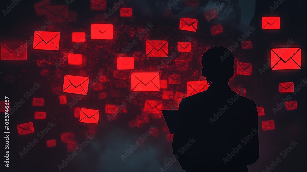 Poster person silhouette analyzing digital communication with red email notifications in the background, re