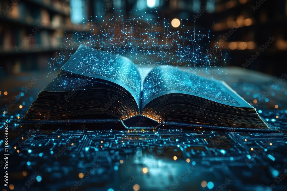Aufkleber open book with digital network and glowing lights