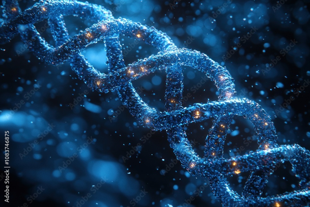 Poster glowing blue dna double helix with particle effects