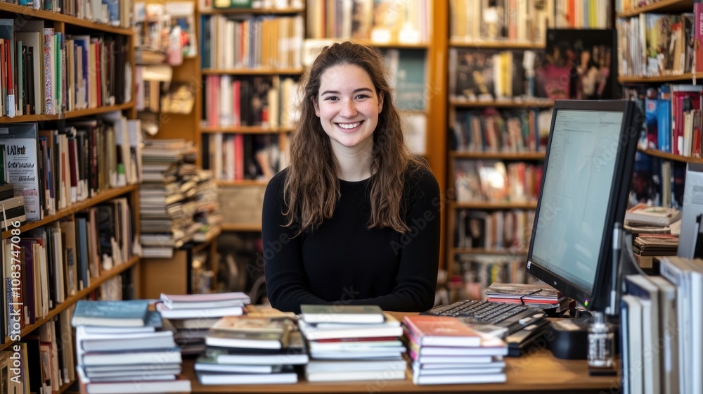 Aufkleber a smiling woman at a library desk surrounded by books and a computer.