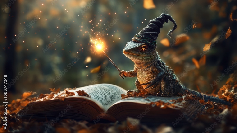 Poster enchanted lizard wizard casting spell in a magical forest with autumn leaves and ancient open book