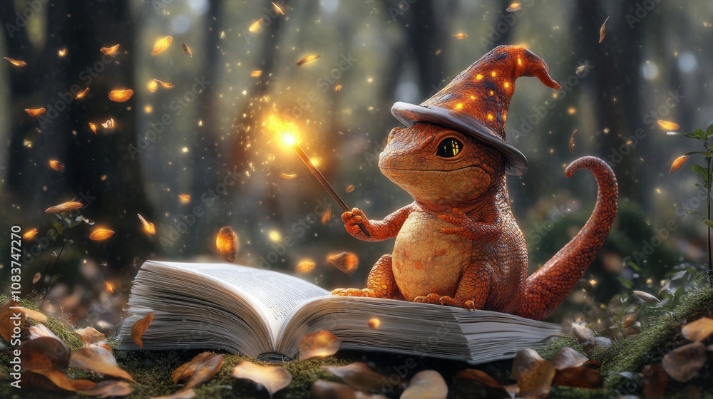 Poster enchanted creature in wizard hat casting spell from an open book surrounded by glowing lights and au
