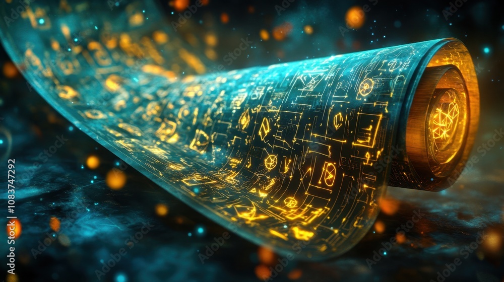 Poster futuristic scroll with glowing symbols and cosmic background featuring high-tech elements and ethere