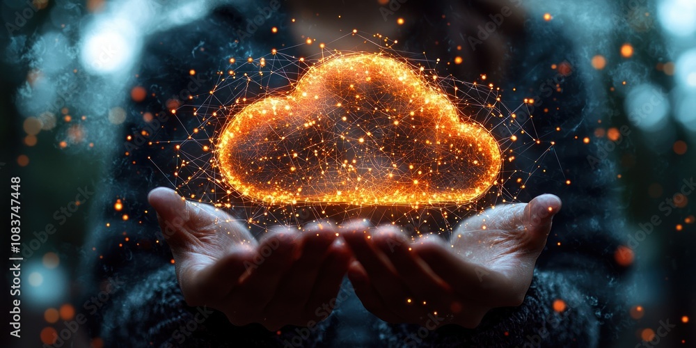 Poster Glowing Cloud Network Held in Hands with Abstract Background