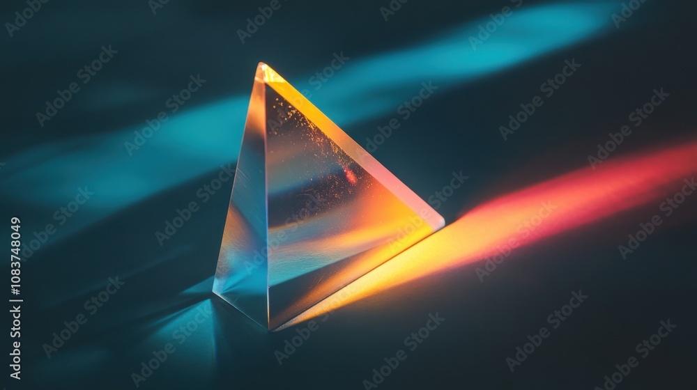 Poster illuminated transparent prism on surface with colorful light reflections and background shadows crea