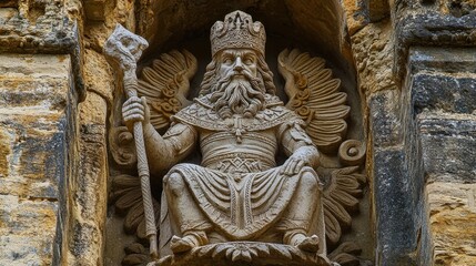 Obraz premium Majestic Stone Sculpture of a Winged King Holding a Staff with Intricate Details Set Against a Weathered Background in a Historical Context