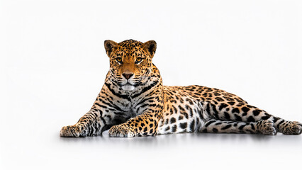 Obraz premium Leopard in a lying pose isolated on a white background.
