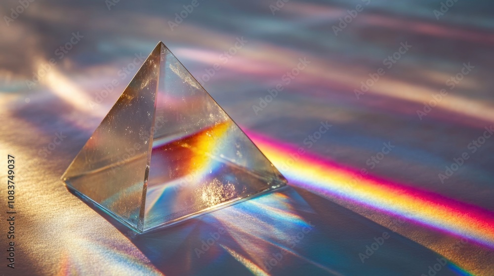 Poster glass pyramid creating dynamic rainbow patterns on surface with soft light reflection, captivating c