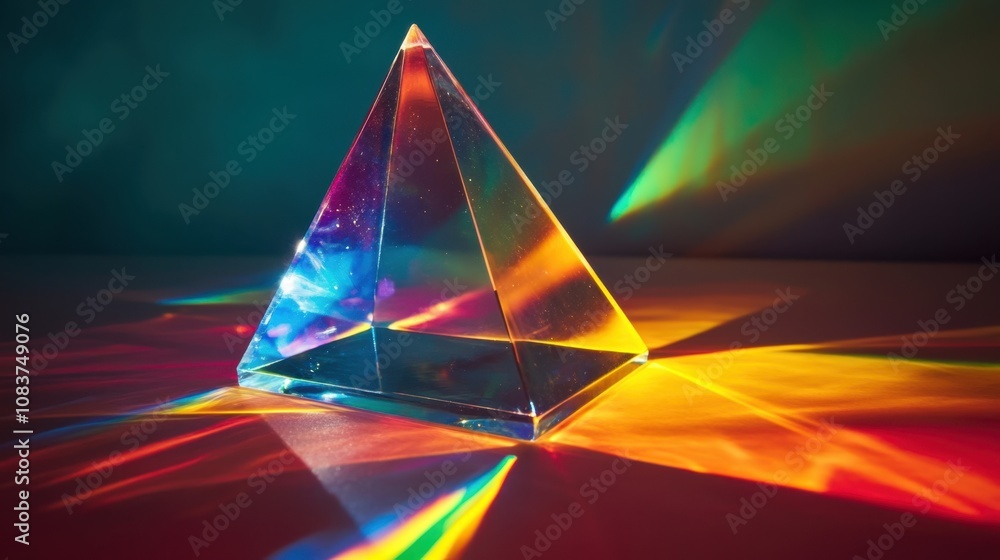 Poster stunning glass prism creating a spectrum of colorful light reflections on a soft surface in artistic