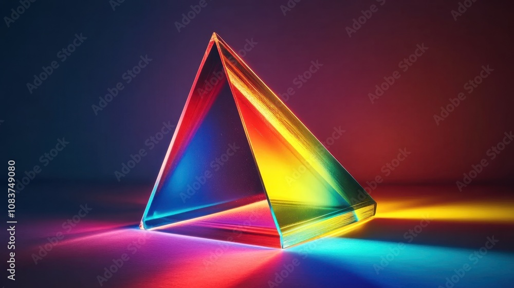 Poster vibrant prism with spectrum reflections in a dark setting emitting colorful light and creating a cap