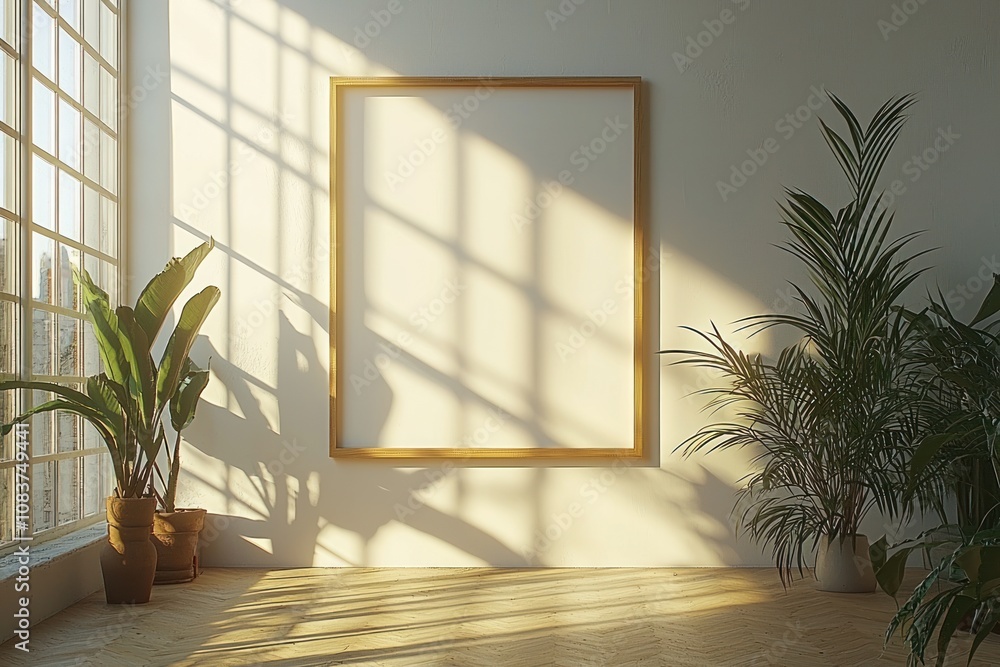 Poster Empty Framed Canvas in a Minimalist Room with Sunlight Streaming Through a Window