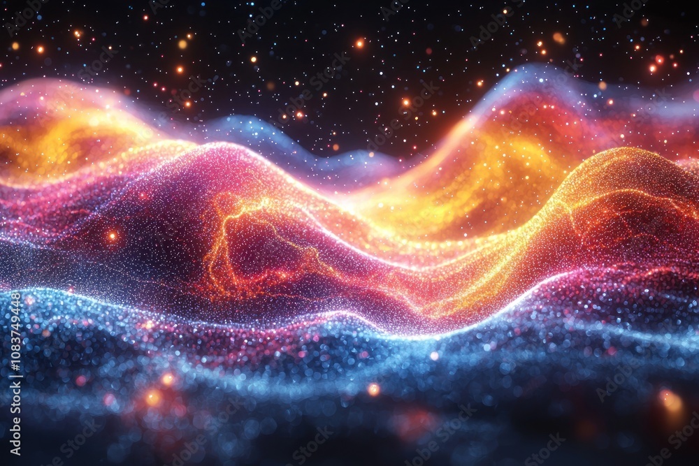 Poster abstract wavy pattern of glowing lights and particles