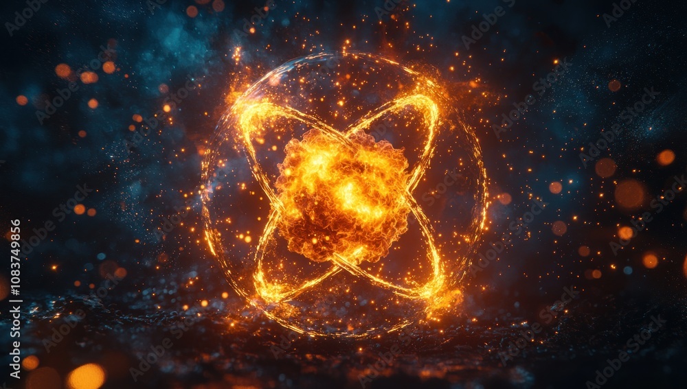 Poster fiery orb with glowing trails in a dark, cosmic setting