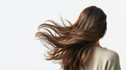 Beautiful model girl with Brown hair strand,silky healthy chestnut wavy hair strand,hair wavy ribbon, with smooth,Keratin straightening,Treatment,straight long hair,procedures,Smooth hairstyle.