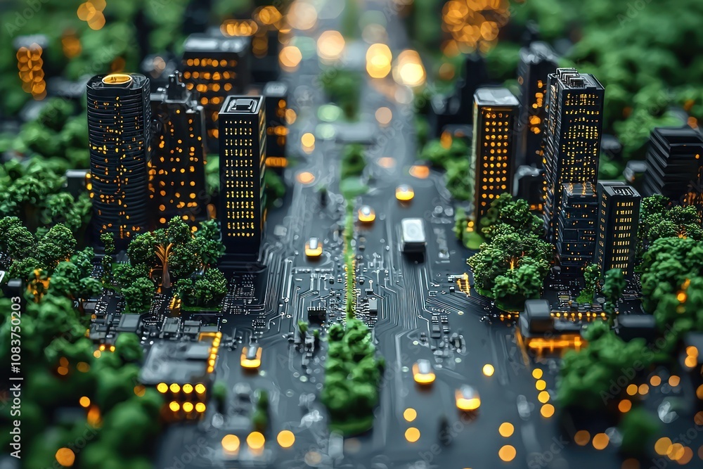 Poster miniature cityscape built on a circuit board