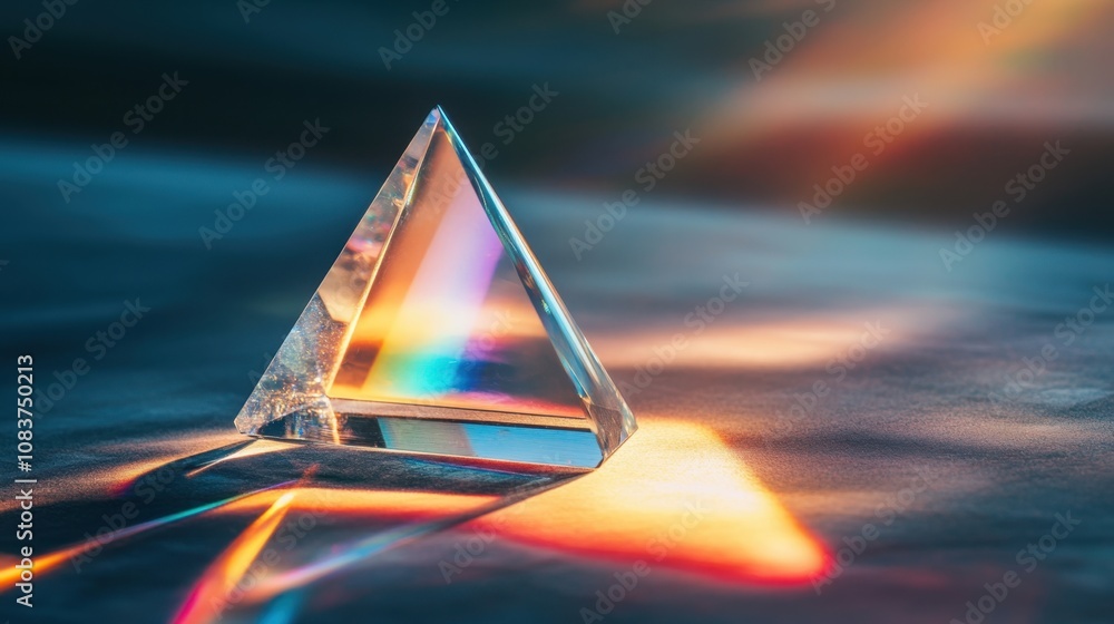 Poster a colorful prism capturing light and creating beautiful reflections on a dark surface in a dreamy, e