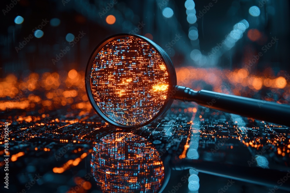 Poster a magnifying glass revealing digital code within a glowing sphere