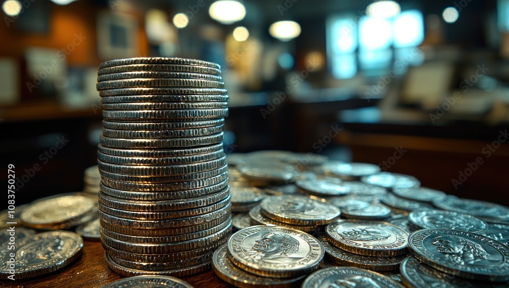 Poster a close-up view of a stack of silver coins