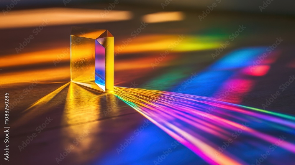 Poster captivating light refraction through a prism creating vibrant rainbow spectrum on a wooden floor in 