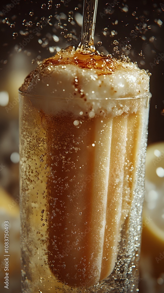 Poster a fizzy drink with a creamy top and a popsicle submerged, creating a refreshing treat.